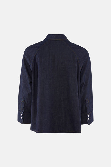 Chemise en denim bleu foncé de MORE & MORE, manches longues avec poignets boutonnés, vue arrière.