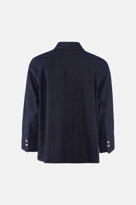 Donkerblauwe denim blouse van MORE & MORE, lange mouwen met knoopmanchetten, achterzijde.