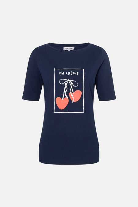 Blauw T-shirt met korte mouwen van MORE & MORE, met boothals en effen stof.