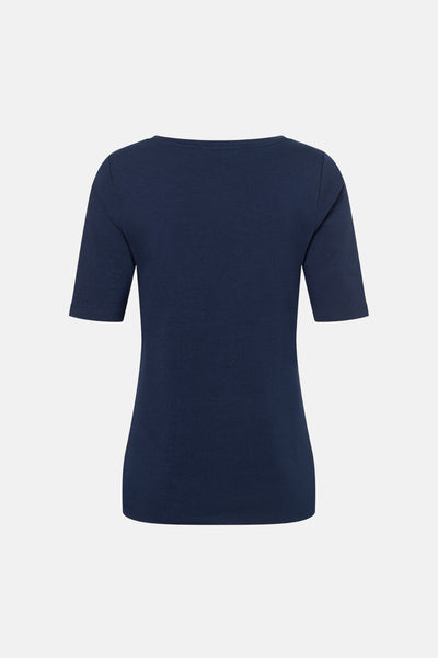 T-shirt bleu à manches courtes de MORE & MORE, avec une encolure bateau et un tissu uni.