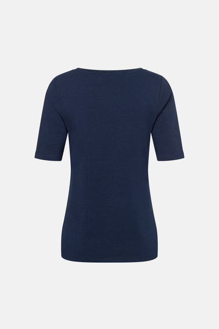 T-shirt bleu à manches courtes de MORE & MORE, avec une encolure bateau et un tissu uni.