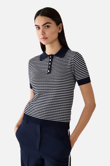 Multikleurig poloshirt van MORE & MORE, horizontale strepen, korte mouwen, gouden knoopsluiting.