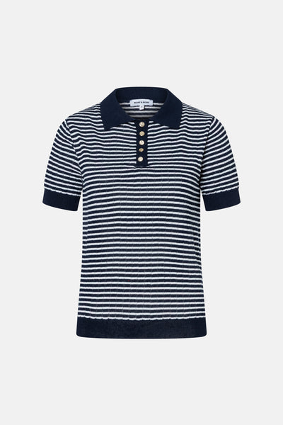 Multikleurig poloshirt van MORE & MORE, met marineblauwe en witte horizontale strepen, met gouden knopen.