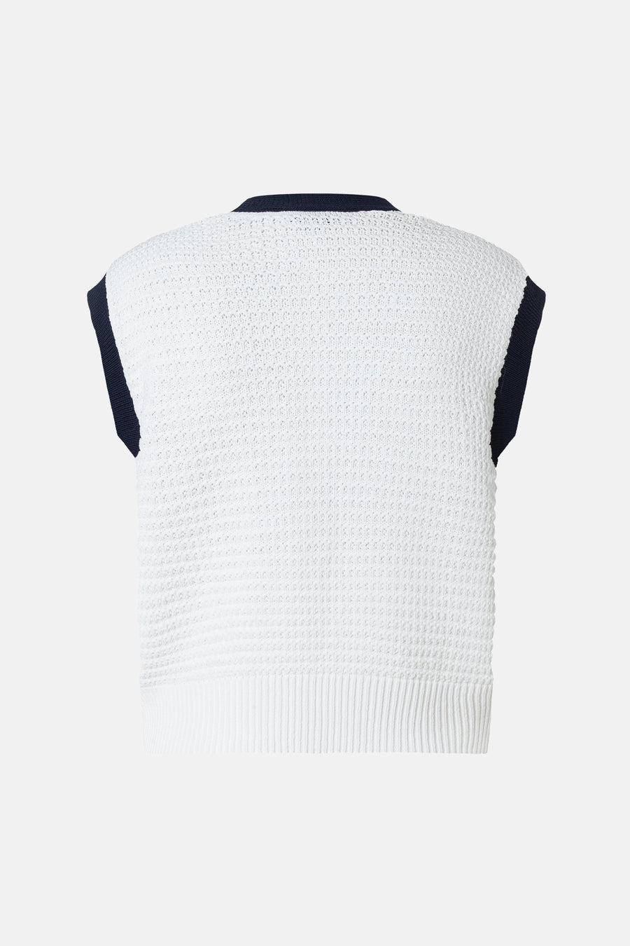 Gilet blanc de MORE & MORE avec bordure bleu marine, en tricot ajouré, vue de dos.