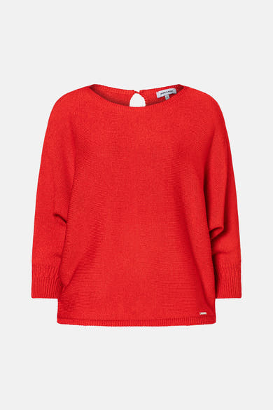 Pull à col rond rouge de MORE & MORE, en maille texturée avec une petite ouverture au dos.