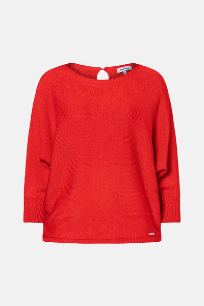 Pull à col rond rouge de MORE & MORE, en maille texturée avec une petite ouverture au dos.