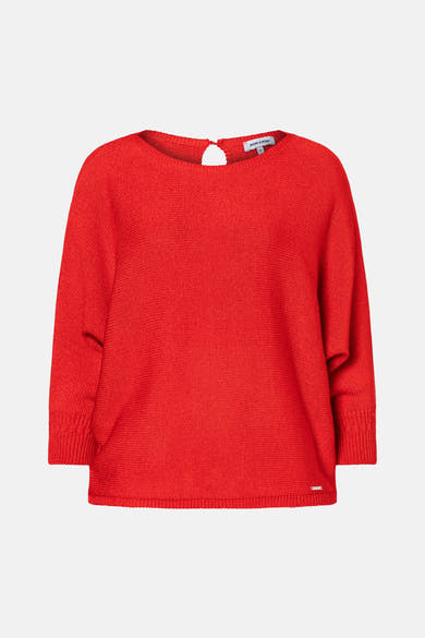 Pull rouge à col rond de MORE & MORE, en maille texturée, avec une ouverture goutte d'eau au dos.