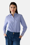 Chemise à manches longues bleue rayée de MORE & MORE, avec poignets décorés et boutons blancs.