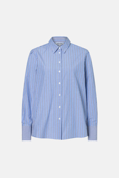 Chemise à manches longues bleue à rayures blanches, de MORE & MORE, avec des poignets rayés.
