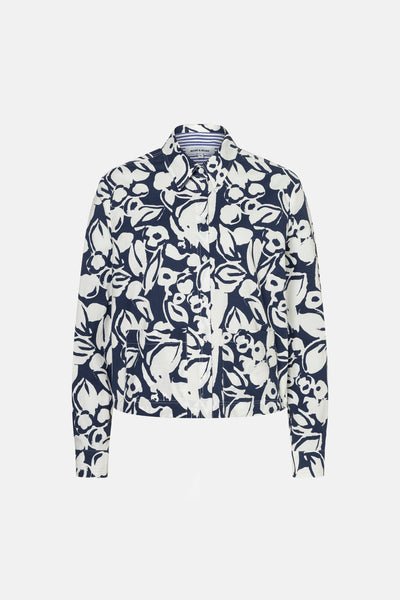 Multikleurig overhemd met lange mouwen van MORE & MORE met wit bloemenpatroon op een marineblauwe achtergrond.