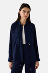 Gilet bleu van MORE & MORE, avec des poches à rabat et des cordons de serrage à la taille.