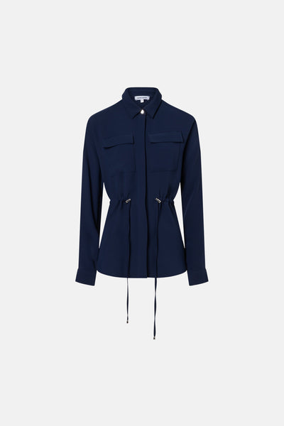 Marineblauw vest van MORE & MORE met klepzakken op de borst en een trekkoord in de taille.