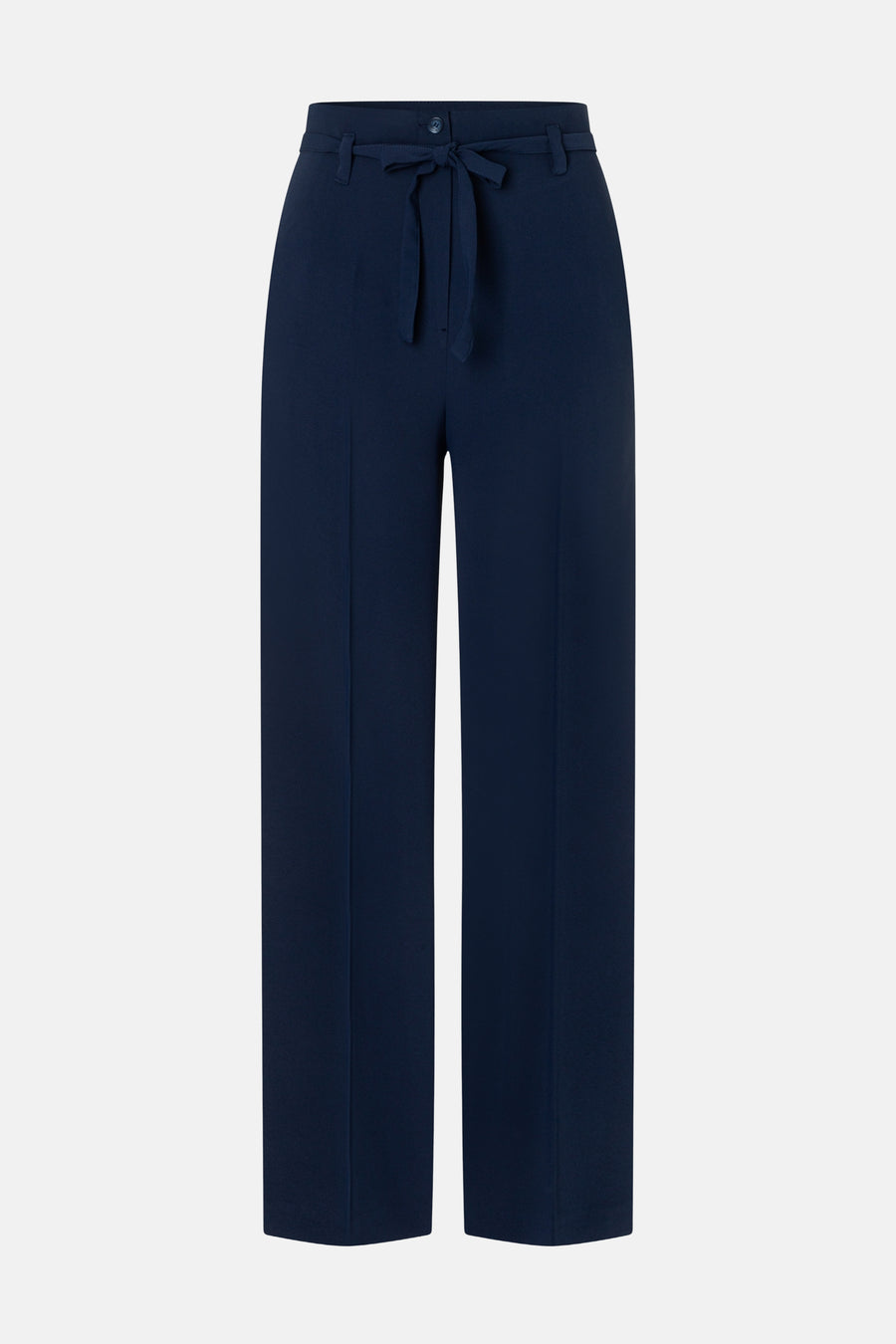 Pantalon de costume bleu, par MORE & MORE, avec une ceinture à nouer et des plis sur le devant.
