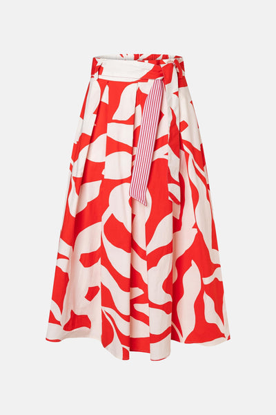 3/4 rok in meerdere kleuren van MORE & MORE, rood en wit abstract patroon, rood en wit gestreepte tailleband.