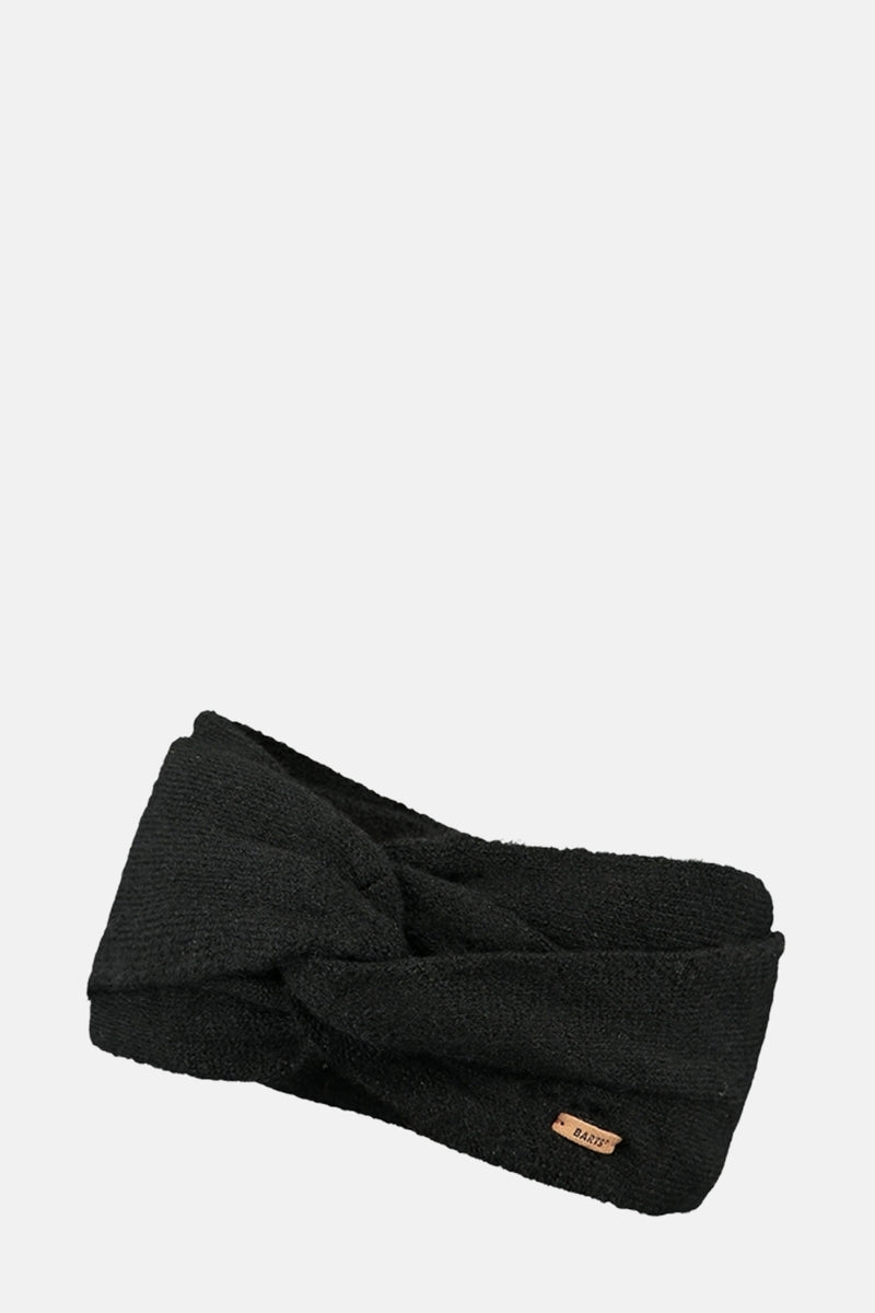 Cache-oreilles noir de BARTS, en tricot torsadé avec une petite étiquette de marque.