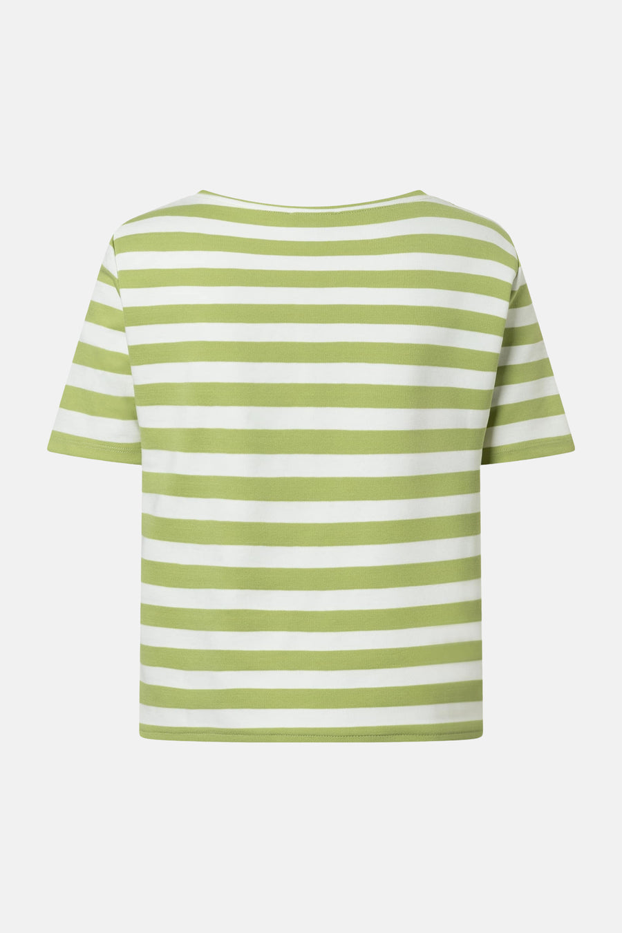 Groen gestreept T-shirt met korte mouwen van More & More, van achteren gezien.