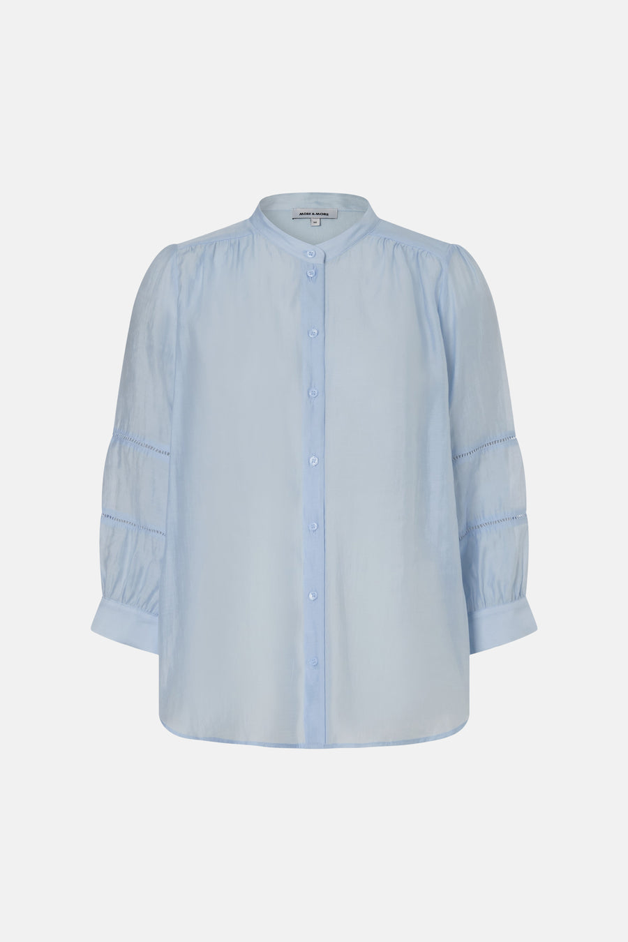 Blauwe blouse met lange mouwen van MORE & MORE, met opstaande kraag en ajourdetails.