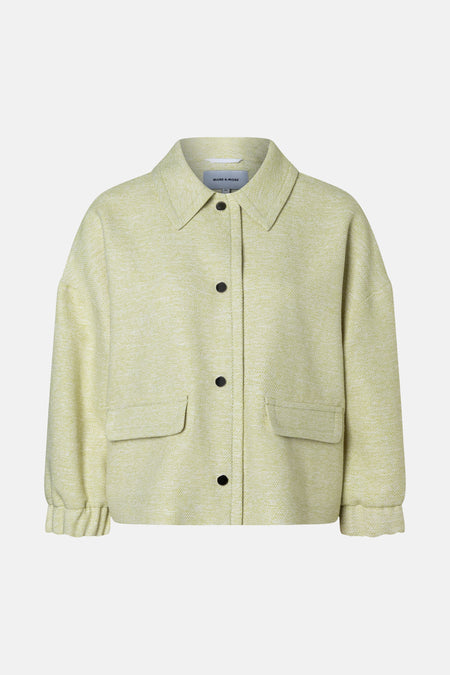 Veste courte vert clair en tweed par MORE & MORE avec fermeture boutonnée et poches plaquées.