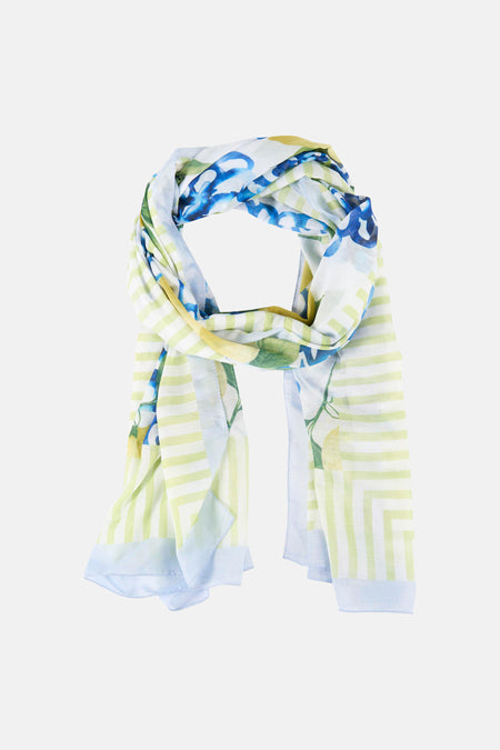 Foulard multicolore de MORE & MORE avec rayures et motif floral bleu, jaune et vert.
