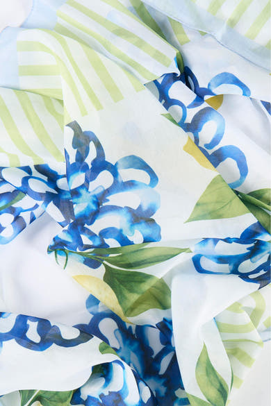 Multikleuren sjaal van MORE & MORE met blauw bloemenpatroon en groene bladeren, groene en witte strepen.