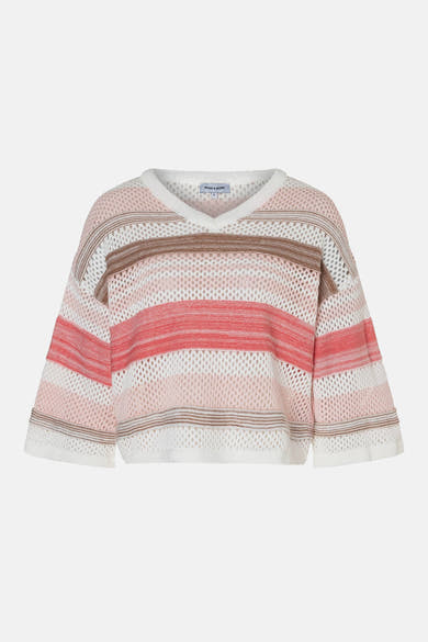 Multikleurige MORE & MORE trui met opengebreide structuur, V-hals en roze, witte en bruine strepen.