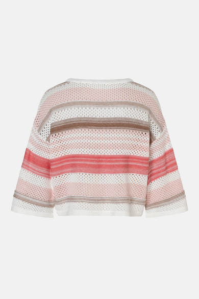 Pull multicolore de MORE & MORE en maille ajourée à rayures blanc, rose, corail et marron, manches courtes, dos.