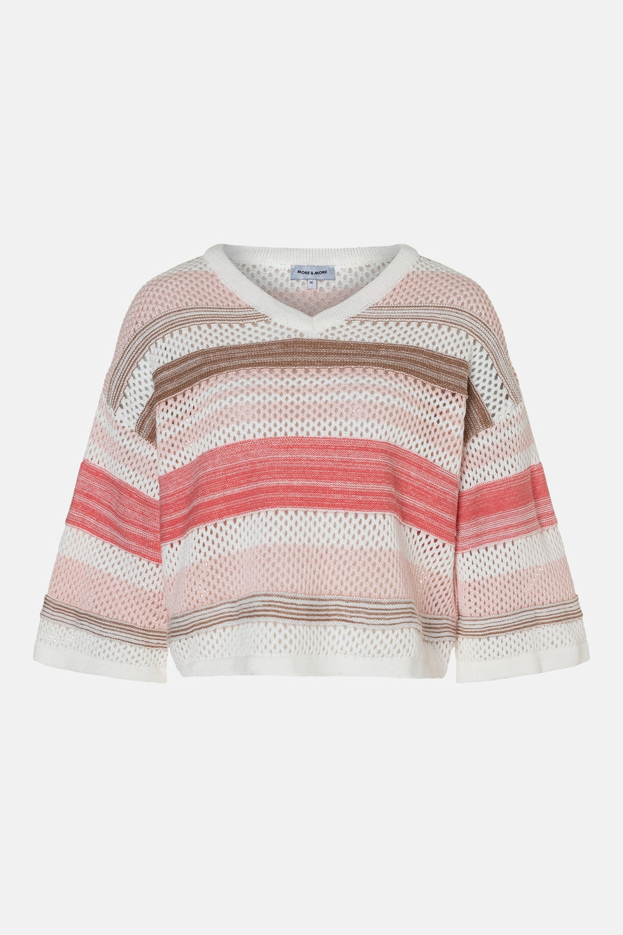 Pull tricoté multicolore à col en V de MORE & MORE, ajouré avec des rayures roses, blanches et marron.