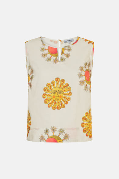 Mouloos mouwloos meerkleurig van MORE & MORE, met zon- en bloemenprint, met druppelvormige hals.