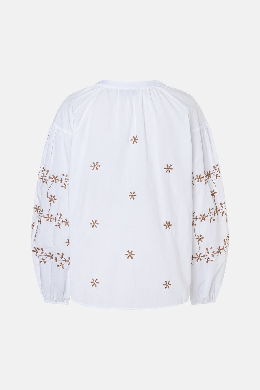 Wit MORE & MORE blouse met bruine geborduurde bloemenpatronen op de rug en mouwen, achterzijde.