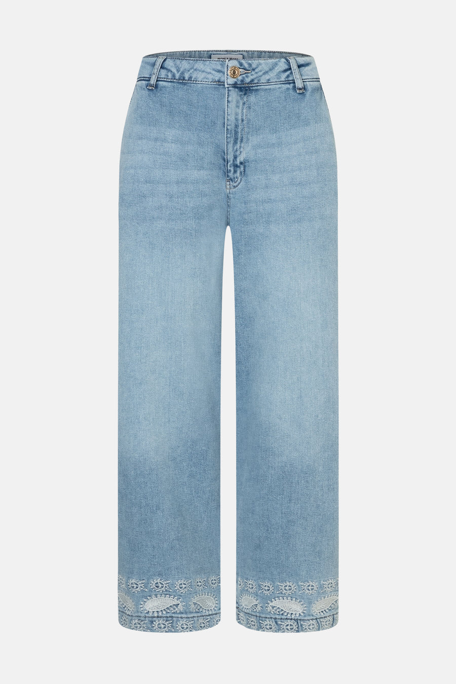Jean droit en denim bleu clair de MORE & MORE, avec bordure brodée à motifs floraux et cachemire.