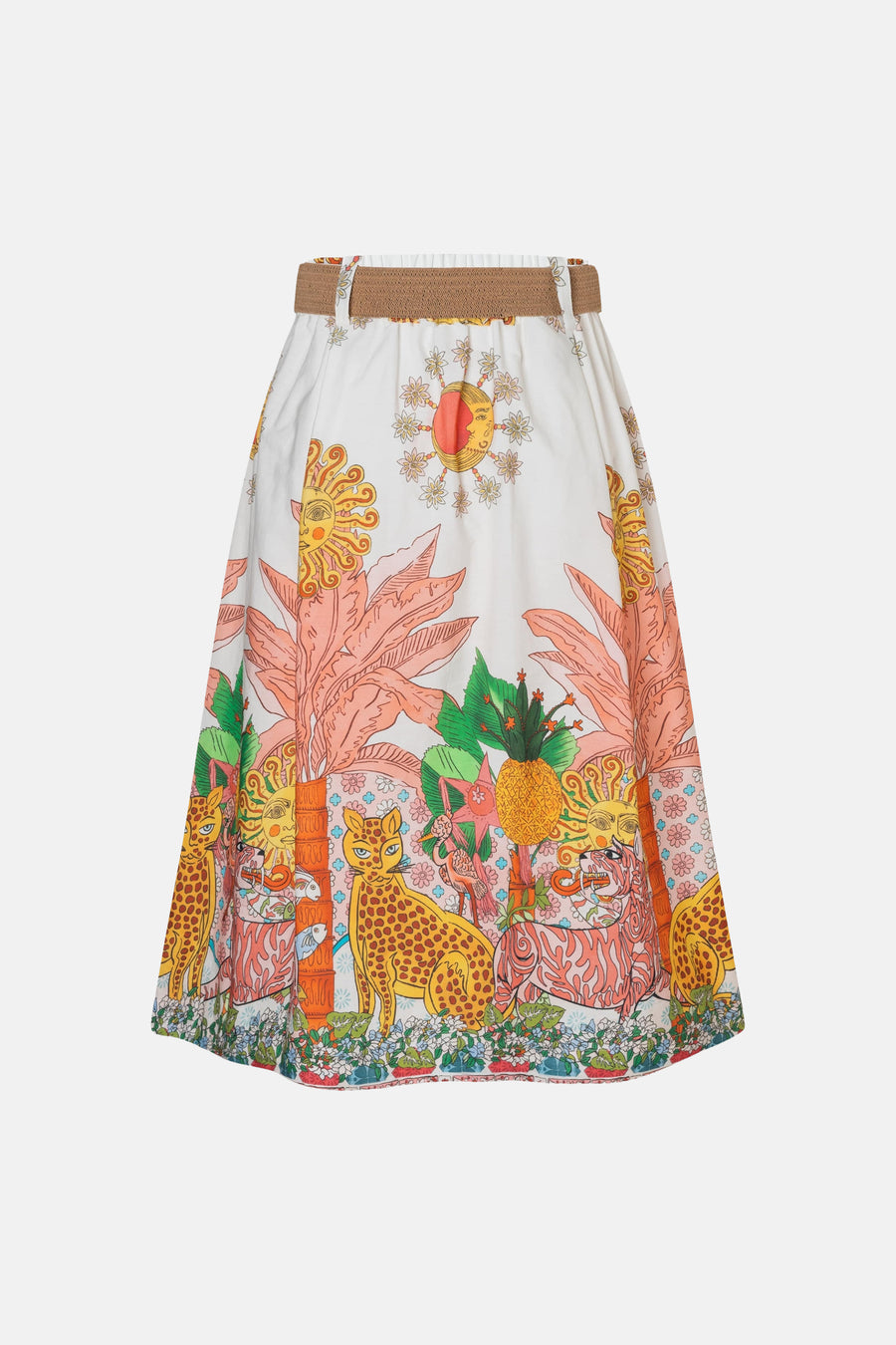 Jupe 3/4 multicolore de MORE & MORE à motifs tropicaux avec félins, soleil et taille smockée.
