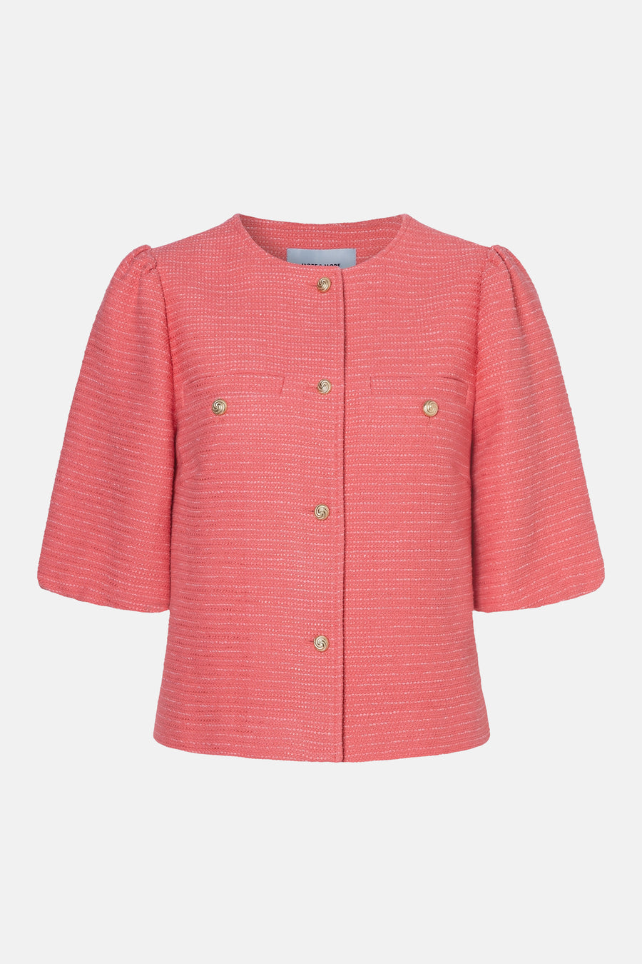 Blazer rose en tweed de MORE & MORE avec des boutons dorés, des manches courtes bouffantes.
