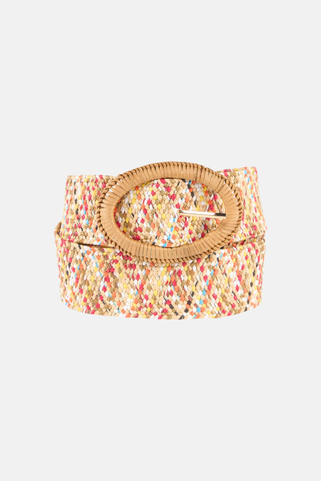 Multikleuren riem van geweven raffia van MORE & MORE, met een ovale gesp van natuurlijke raffia.