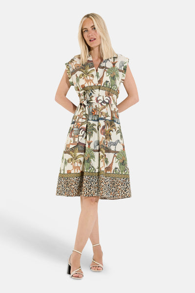 Multicolored sleeveless dress with jungle animal print and leopard hem, front view on model wearing beige heels