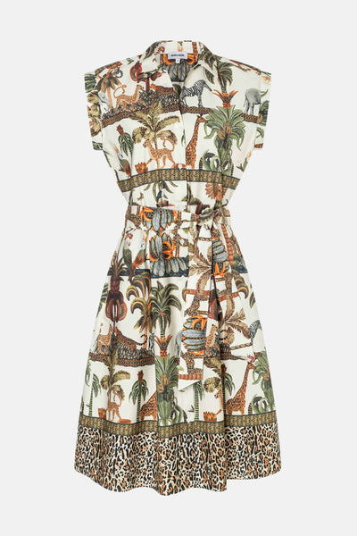 Multicolored sleeveless dress with jungle animal and palm tree print by More & More, featuring a tie waist and leopard-print hem in front view