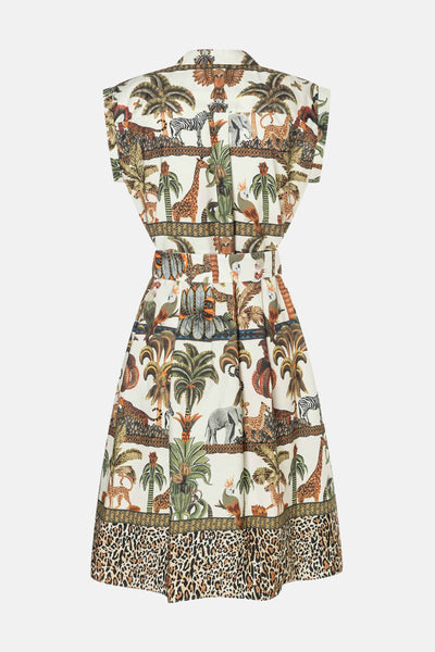 Multicolored sleeveless dress with jungle animal and palm tree print, back view showing flared skirt with leopard trim.
