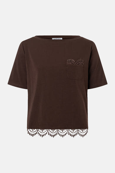 Brown short-sleeve T-shirt by MORE & MORE with lace-trimmed hem and embroidered chest pocket, front view