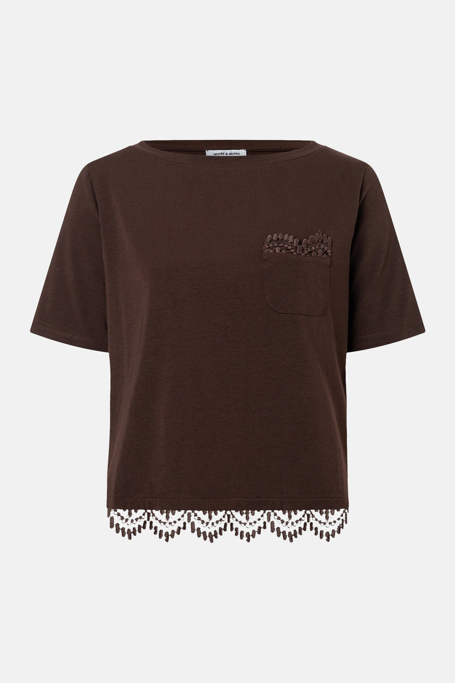 Brown short-sleeve T-shirt by MORE & MORE with lace-trimmed hem and embroidered chest pocket, front view