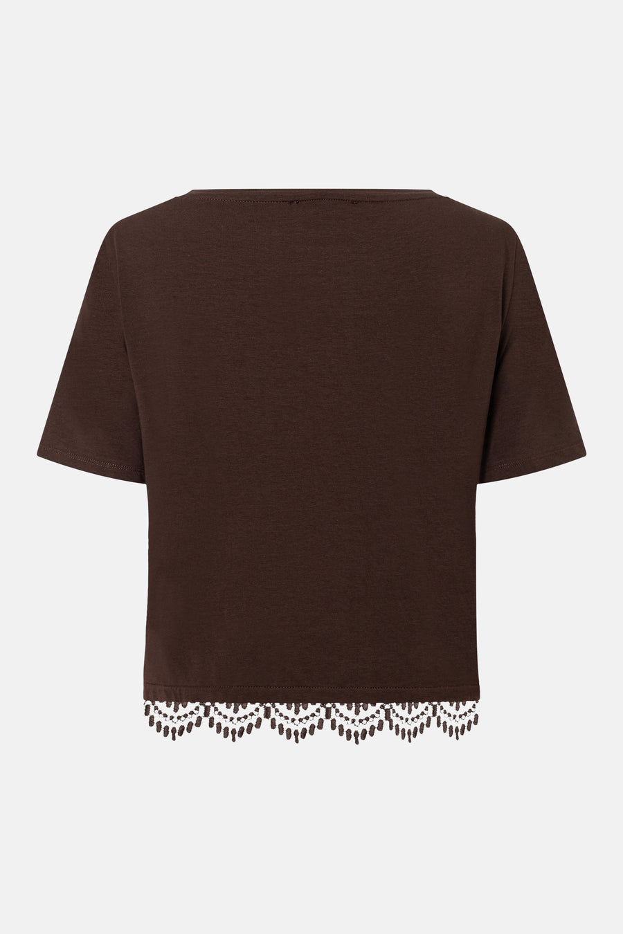 Brown short-sleeve T-shirt by MORE & MORE with scalloped lace trim at hem, back view