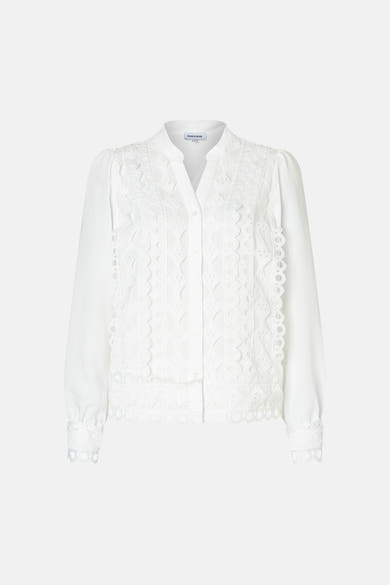 White long-sleeve blouse with intricate lace detailing and scalloped edges by MORE & MORE, front view