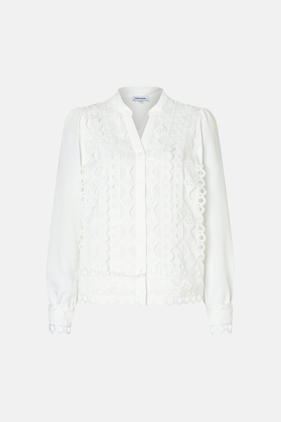 White long-sleeve blouse with intricate lace detailing and scalloped edges by MORE & MORE, front view