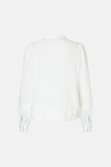 White long-sleeve blouse with lace trim at hem and cuffs by MORE & MORE, back view, smooth fabric, elegant detailing