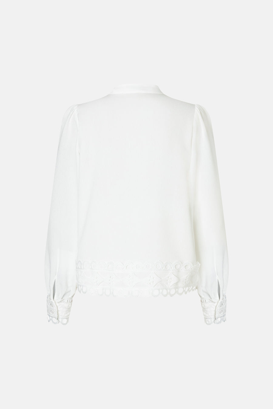 White long-sleeve blouse with lace trim at hem and cuffs by MORE & MORE, back view, smooth fabric, elegant detailing