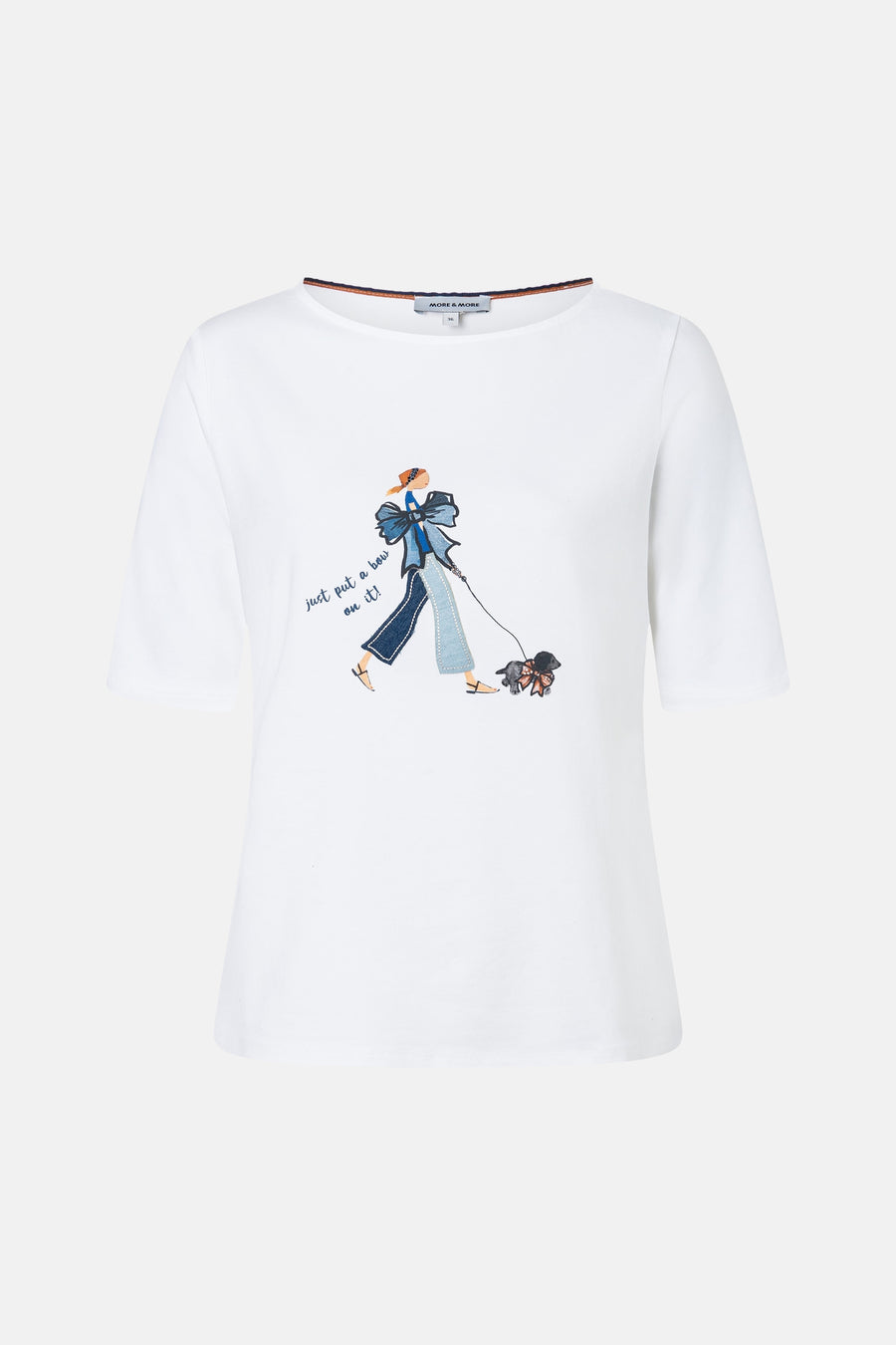 White short-sleeve t-shirt by MORE & MORE with embroidered woman walking dog and text "just put a bow on it!" front view
