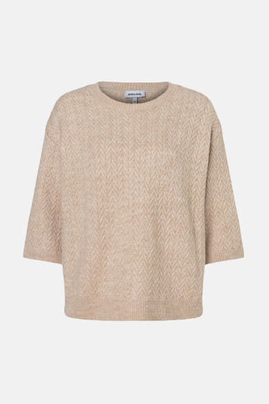 Beige round-neck knit sweater by MORE & MORE with herringbone pattern and ribbed trim, front view