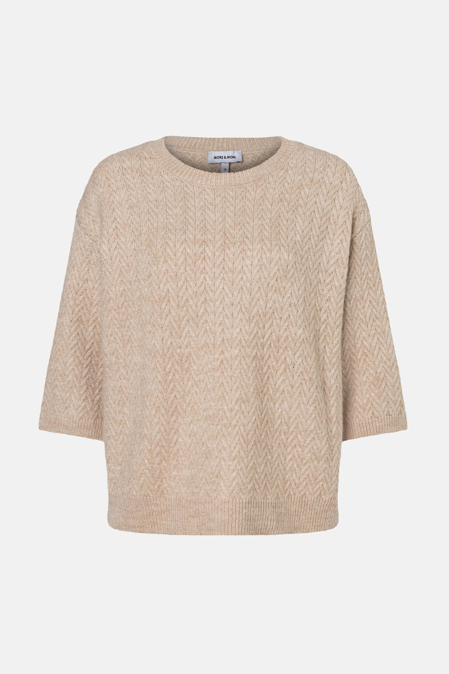 Beige round-neck knit sweater by MORE & MORE with herringbone pattern and ribbed trim, front view