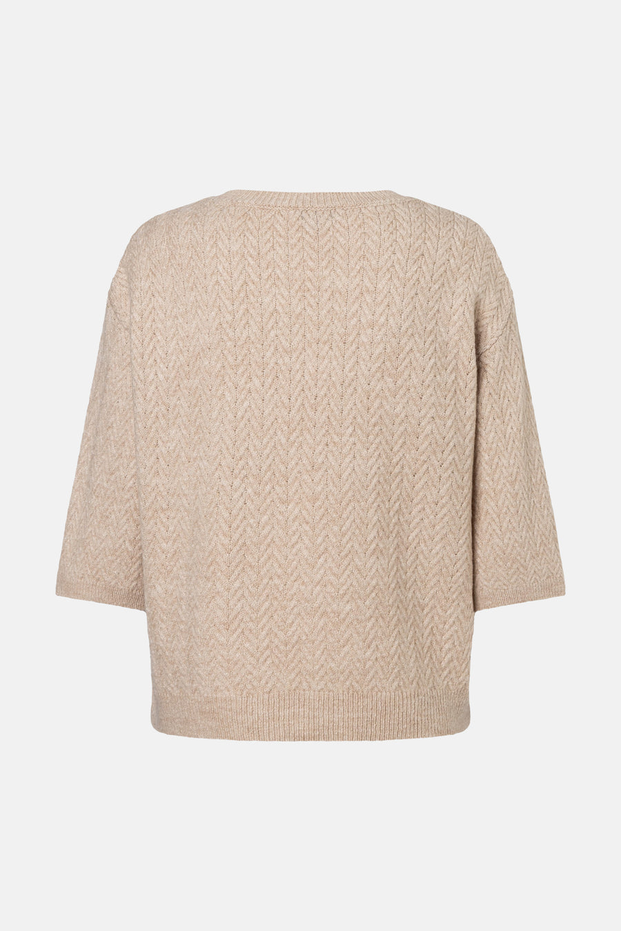 Beige round-neck sweater by MORE & MORE, featuring herringbone knit texture and three-quarter sleeves, back view.