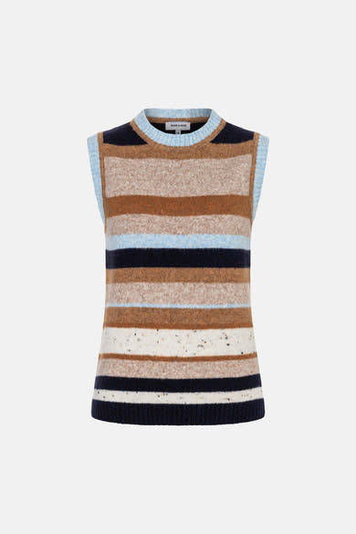 Multicolored striped knit sleeveless top by MORE & MORE, featuring horizontal bands in blue, brown, beige, and navy, ribbed neckline and hem, front view.