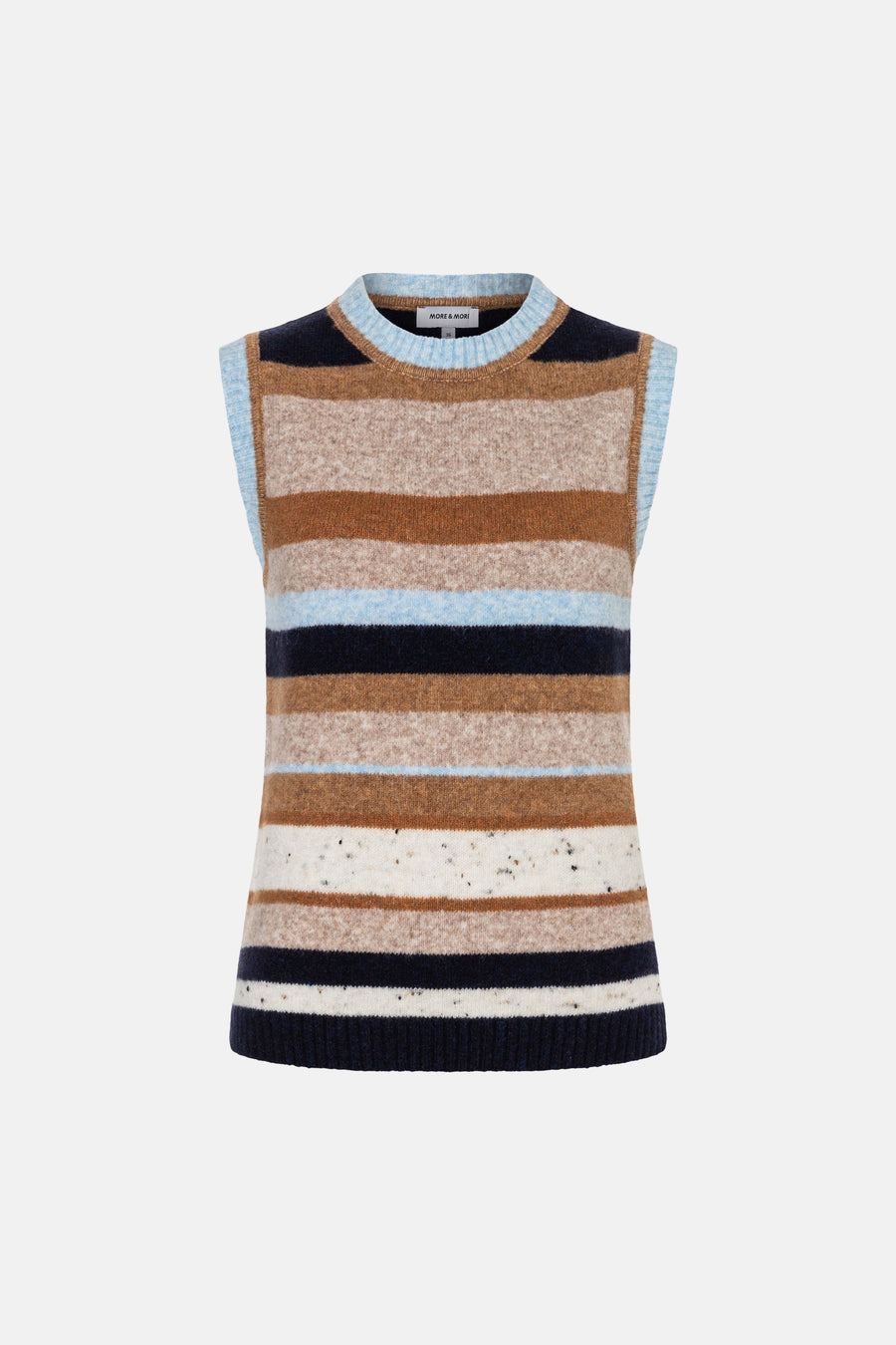 Multicolored striped knit sleeveless top by MORE & MORE, featuring horizontal bands in blue, brown, beige, and navy, ribbed neckline and hem, front view.