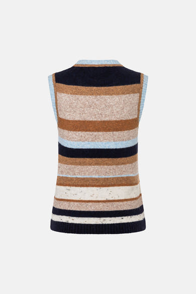 Multicolored striped knit sleeveless top by MORE & MORE, back view, featuring navy, beige, brown, and light blue horizontal bands with ribbed trim.